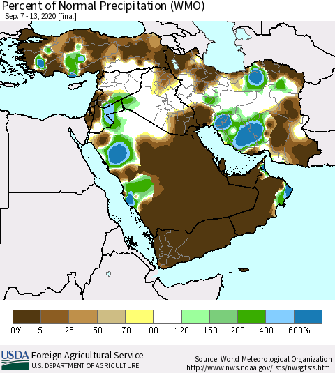 Middle East and Turkey Percent of Normal Precipitation (WMO) Thematic Map For 9/7/2020 - 9/13/2020