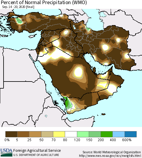 Middle East and Turkey Percent of Normal Precipitation (WMO) Thematic Map For 9/14/2020 - 9/20/2020