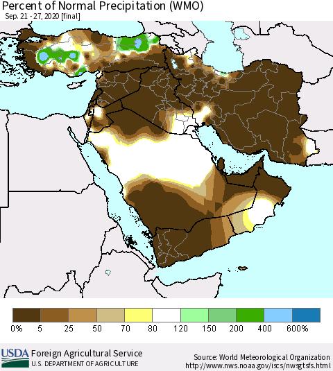 Middle East and Turkey Percent of Normal Precipitation (WMO) Thematic Map For 9/21/2020 - 9/27/2020