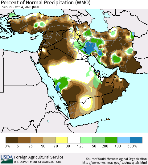 Middle East and Turkey Percent of Normal Precipitation (WMO) Thematic Map For 9/28/2020 - 10/4/2020