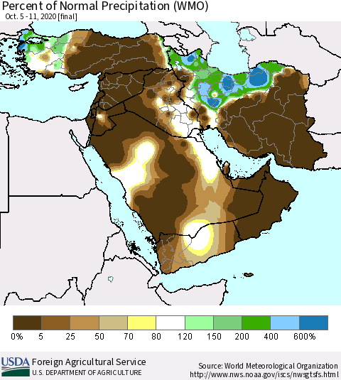 Middle East and Turkey Percent of Normal Precipitation (WMO) Thematic Map For 10/5/2020 - 10/11/2020