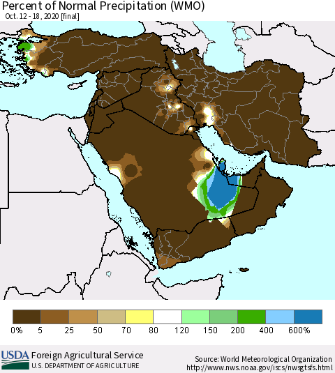 Middle East and Turkey Percent of Normal Precipitation (WMO) Thematic Map For 10/12/2020 - 10/18/2020