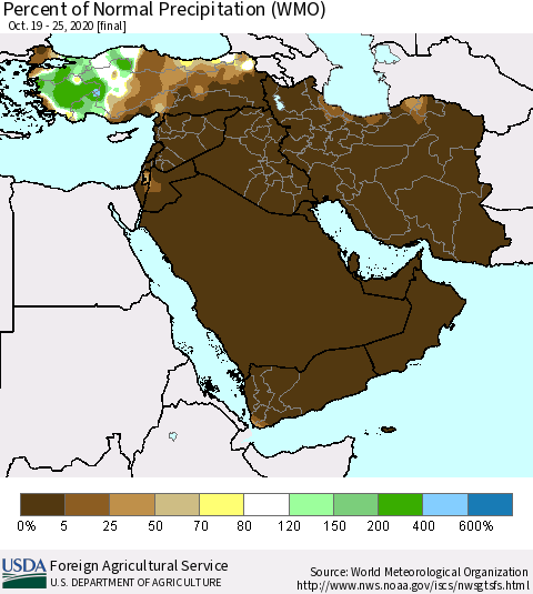 Middle East and Turkey Percent of Normal Precipitation (WMO) Thematic Map For 10/19/2020 - 10/25/2020