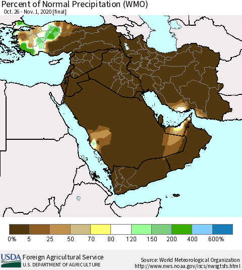 Middle East and Turkey Percent of Normal Precipitation (WMO) Thematic Map For 10/26/2020 - 11/1/2020