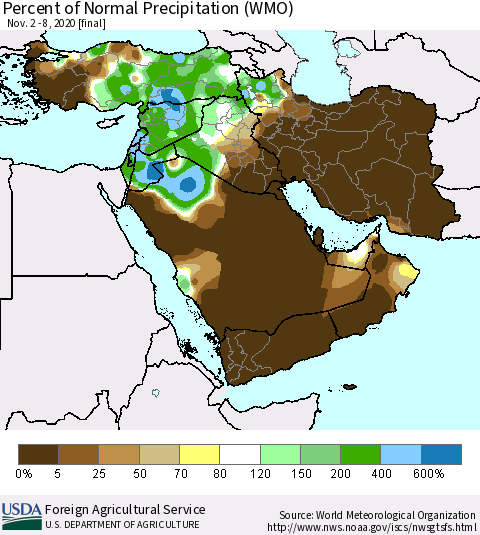 Middle East and Turkey Percent of Normal Precipitation (WMO) Thematic Map For 11/2/2020 - 11/8/2020