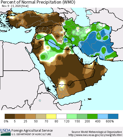 Middle East and Turkey Percent of Normal Precipitation (WMO) Thematic Map For 11/9/2020 - 11/15/2020