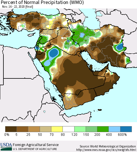 Middle East and Turkey Percent of Normal Precipitation (WMO) Thematic Map For 11/16/2020 - 11/22/2020