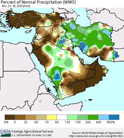Middle East and Turkey Percent of Normal Precipitation (WMO) Thematic Map For 11/23/2020 - 11/29/2020