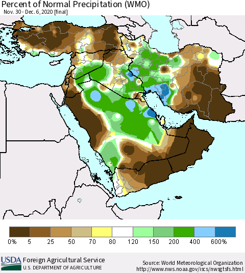 Middle East and Turkey Percent of Normal Precipitation (WMO) Thematic Map For 11/30/2020 - 12/6/2020
