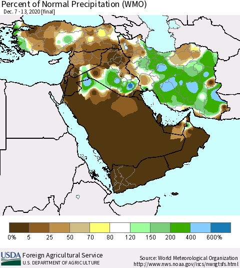 Middle East and Turkey Percent of Normal Precipitation (WMO) Thematic Map For 12/7/2020 - 12/13/2020