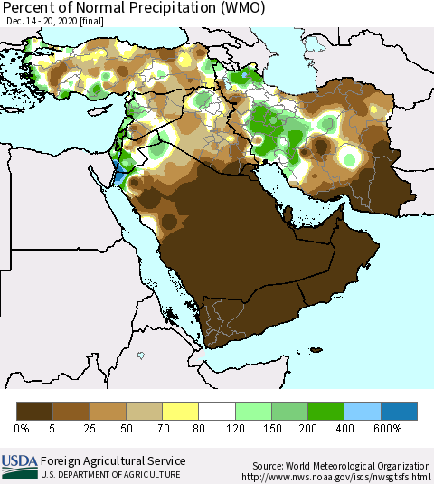 Middle East and Turkey Percent of Normal Precipitation (WMO) Thematic Map For 12/14/2020 - 12/20/2020