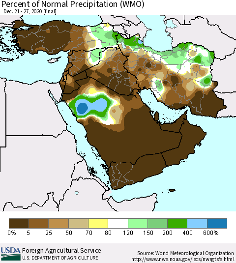 Middle East and Turkey Percent of Normal Precipitation (WMO) Thematic Map For 12/21/2020 - 12/27/2020