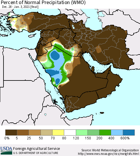 Middle East and Turkey Percent of Normal Precipitation (WMO) Thematic Map For 12/28/2020 - 1/3/2021