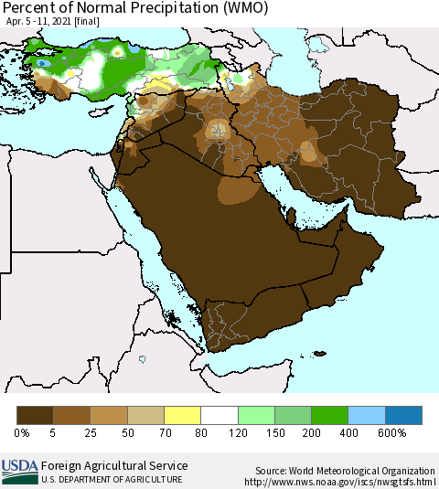 Middle East and Turkey Percent of Normal Precipitation (WMO) Thematic Map For 4/5/2021 - 4/11/2021