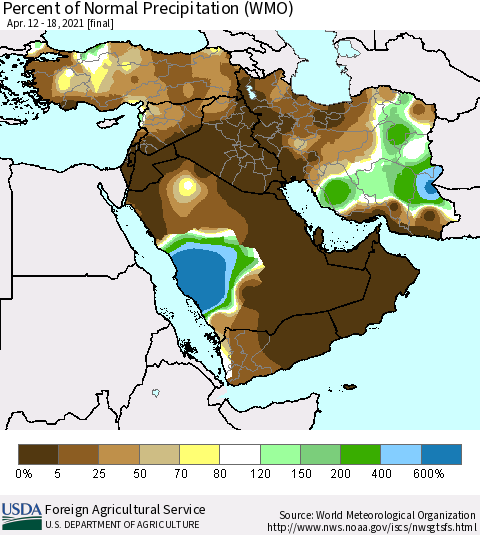 Middle East and Turkey Percent of Normal Precipitation (WMO) Thematic Map For 4/12/2021 - 4/18/2021