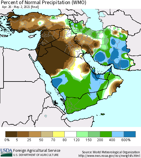 Middle East and Turkey Percent of Normal Precipitation (WMO) Thematic Map For 4/26/2021 - 5/2/2021