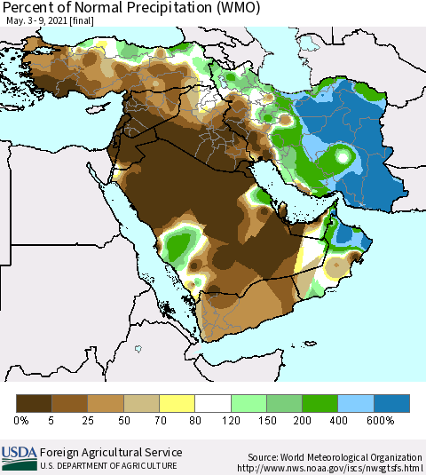 Middle East and Turkey Percent of Normal Precipitation (WMO) Thematic Map For 5/3/2021 - 5/9/2021
