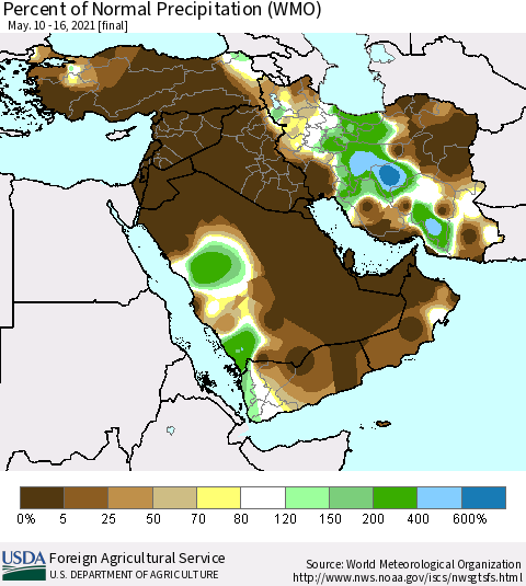Middle East and Turkey Percent of Normal Precipitation (WMO) Thematic Map For 5/10/2021 - 5/16/2021