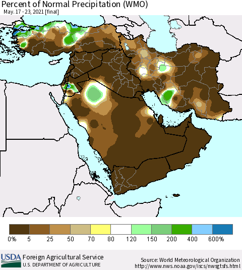 Middle East and Turkey Percent of Normal Precipitation (WMO) Thematic Map For 5/17/2021 - 5/23/2021