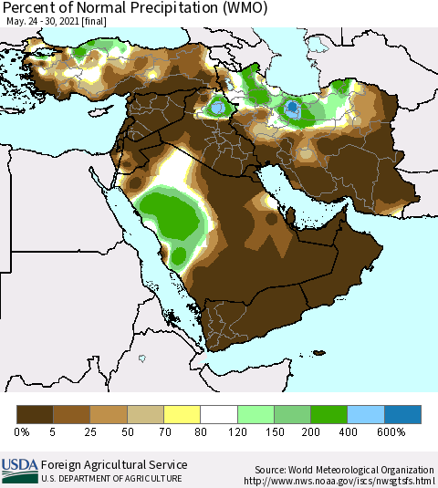 Middle East and Turkey Percent of Normal Precipitation (WMO) Thematic Map For 5/24/2021 - 5/30/2021