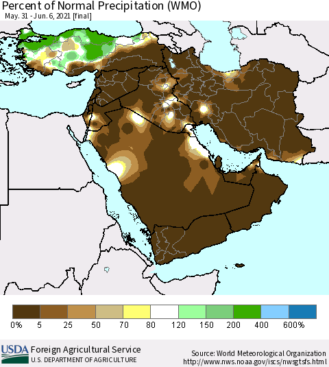 Middle East and Turkey Percent of Normal Precipitation (WMO) Thematic Map For 5/31/2021 - 6/6/2021