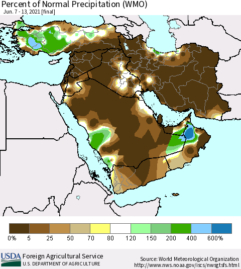 Middle East and Turkey Percent of Normal Precipitation (WMO) Thematic Map For 6/7/2021 - 6/13/2021