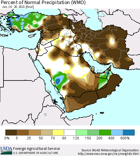 Middle East and Turkey Percent of Normal Precipitation (WMO) Thematic Map For 6/14/2021 - 6/20/2021