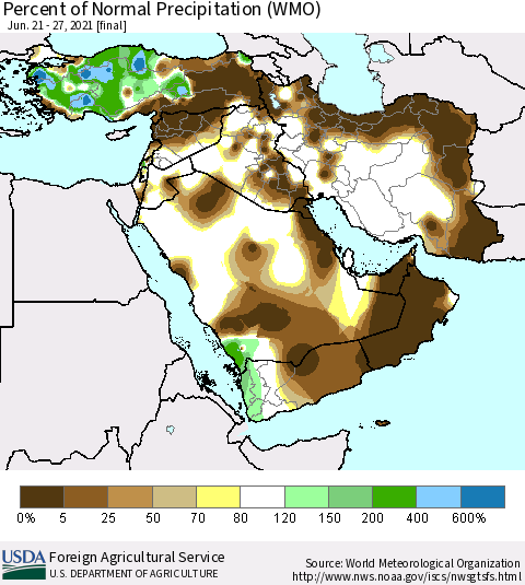 Middle East and Turkey Percent of Normal Precipitation (WMO) Thematic Map For 6/21/2021 - 6/27/2021