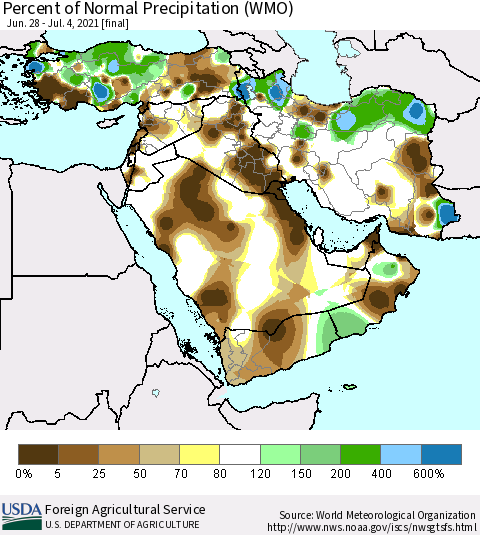 Middle East and Turkey Percent of Normal Precipitation (WMO) Thematic Map For 6/28/2021 - 7/4/2021