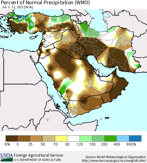 Middle East and Turkey Percent of Normal Precipitation (WMO) Thematic Map For 7/5/2021 - 7/11/2021
