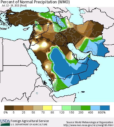 Middle East and Turkey Percent of Normal Precipitation (WMO) Thematic Map For 7/12/2021 - 7/18/2021