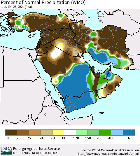 Middle East and Turkey Percent of Normal Precipitation (WMO) Thematic Map For 7/19/2021 - 7/25/2021