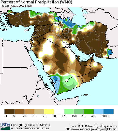 Middle East and Turkey Percent of Normal Precipitation (WMO) Thematic Map For 7/26/2021 - 8/1/2021