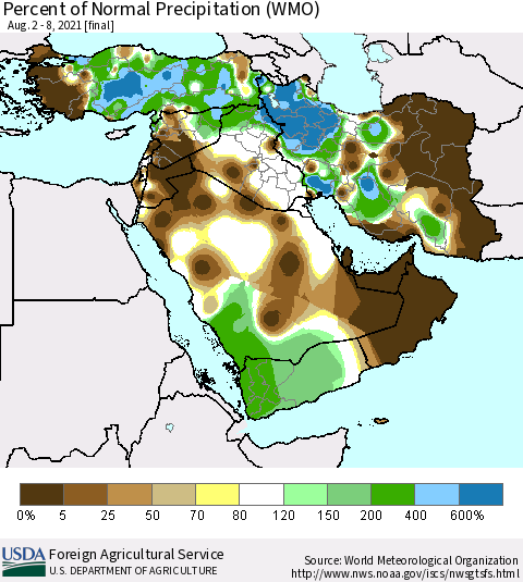 Middle East and Turkey Percent of Normal Precipitation (WMO) Thematic Map For 8/2/2021 - 8/8/2021