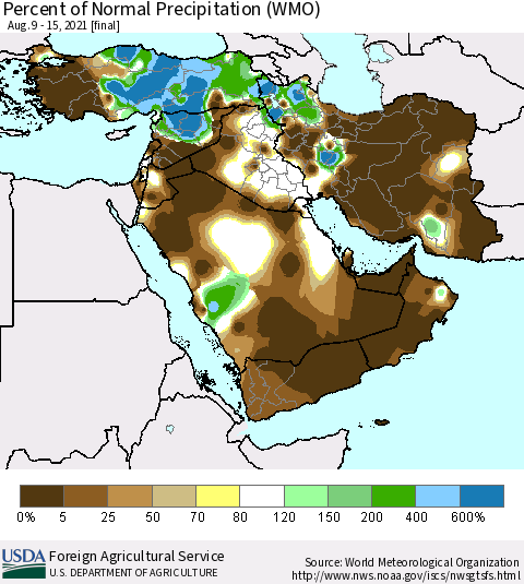 Middle East and Turkey Percent of Normal Precipitation (WMO) Thematic Map For 8/9/2021 - 8/15/2021