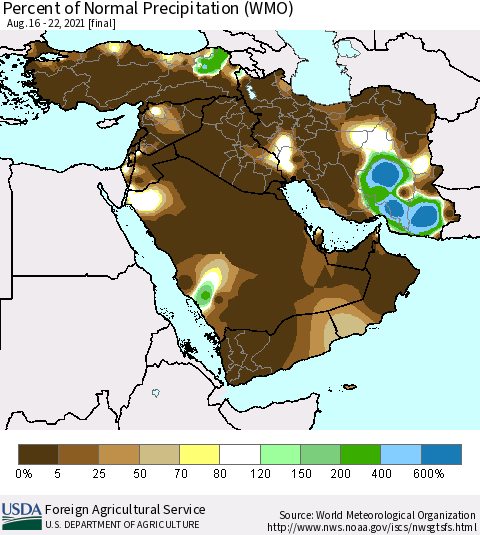 Middle East and Turkey Percent of Normal Precipitation (WMO) Thematic Map For 8/16/2021 - 8/22/2021