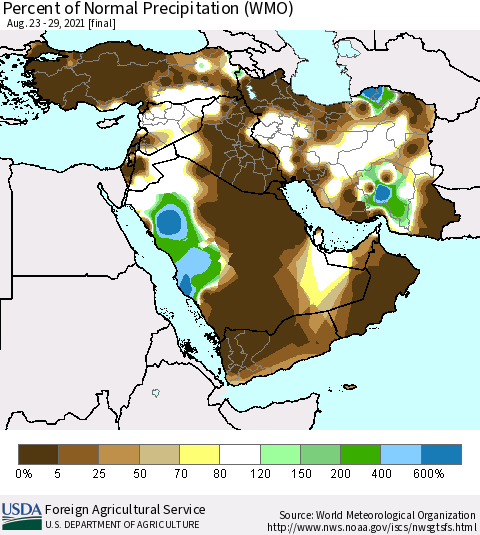 Middle East and Turkey Percent of Normal Precipitation (WMO) Thematic Map For 8/23/2021 - 8/29/2021