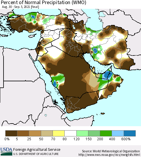 Middle East and Turkey Percent of Normal Precipitation (WMO) Thematic Map For 8/30/2021 - 9/5/2021