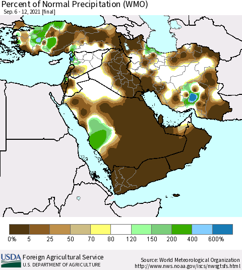 Middle East and Turkey Percent of Normal Precipitation (WMO) Thematic Map For 9/6/2021 - 9/12/2021