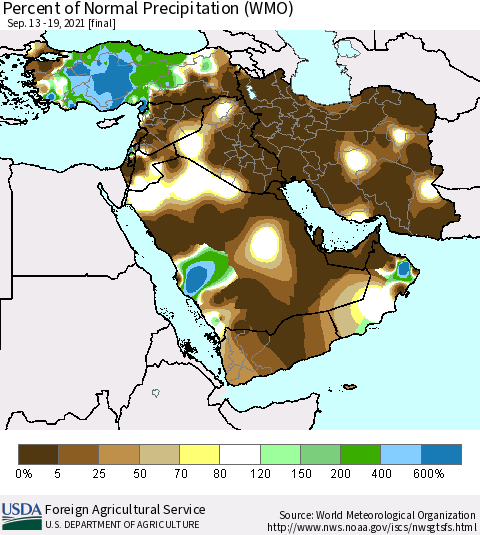 Middle East and Turkey Percent of Normal Precipitation (WMO) Thematic Map For 9/13/2021 - 9/19/2021