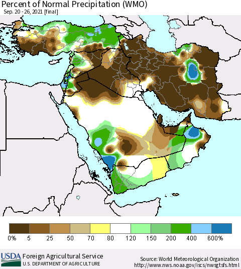Middle East and Turkey Percent of Normal Precipitation (WMO) Thematic Map For 9/20/2021 - 9/26/2021