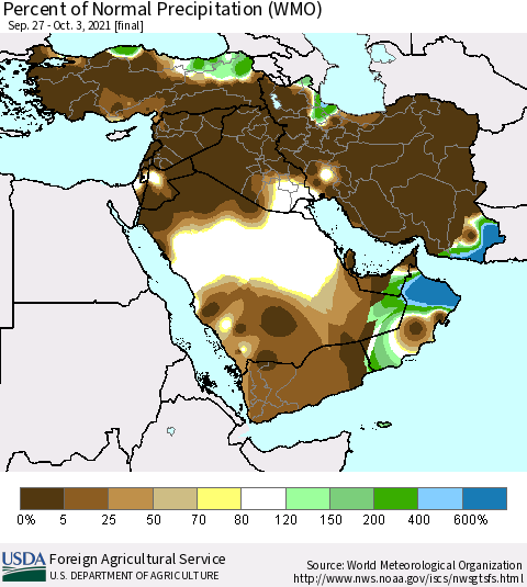Middle East and Turkey Percent of Normal Precipitation (WMO) Thematic Map For 9/27/2021 - 10/3/2021