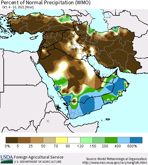 Middle East and Turkey Percent of Normal Precipitation (WMO) Thematic Map For 10/4/2021 - 10/10/2021
