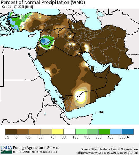 Middle East and Turkey Percent of Normal Precipitation (WMO) Thematic Map For 10/11/2021 - 10/17/2021