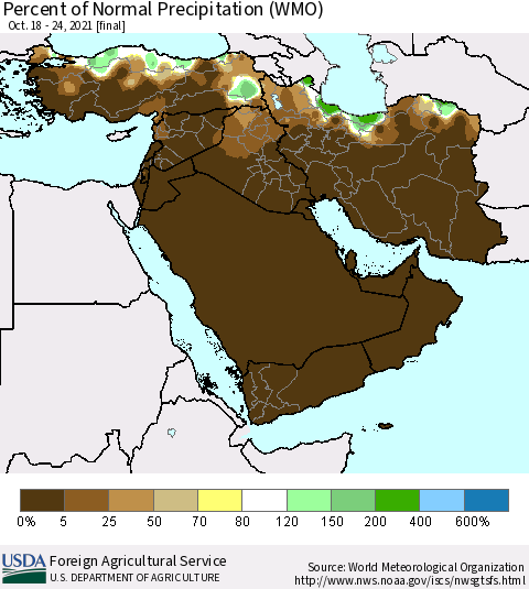Middle East and Turkey Percent of Normal Precipitation (WMO) Thematic Map For 10/18/2021 - 10/24/2021