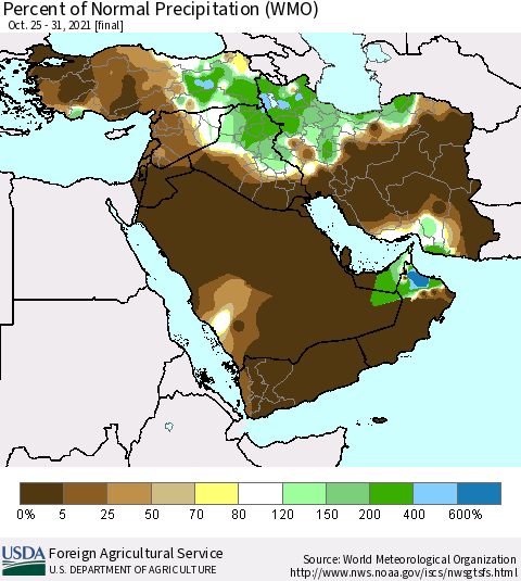 Middle East and Turkey Percent of Normal Precipitation (WMO) Thematic Map For 10/25/2021 - 10/31/2021