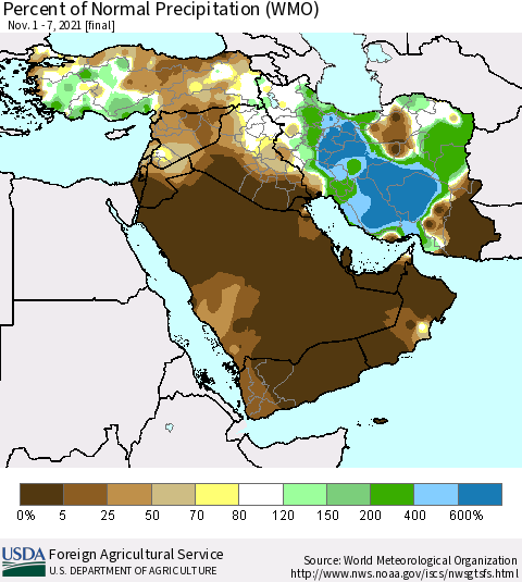 Middle East and Turkey Percent of Normal Precipitation (WMO) Thematic Map For 11/1/2021 - 11/7/2021