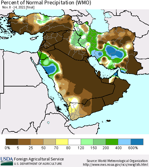Middle East and Turkey Percent of Normal Precipitation (WMO) Thematic Map For 11/8/2021 - 11/14/2021