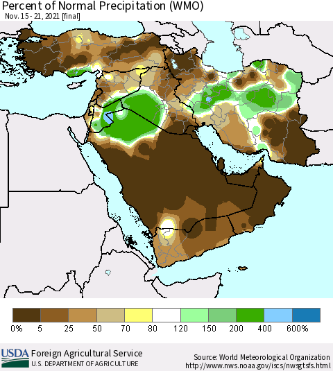 Middle East and Turkey Percent of Normal Precipitation (WMO) Thematic Map For 11/15/2021 - 11/21/2021