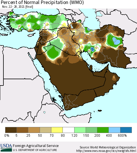 Middle East and Turkey Percent of Normal Precipitation (WMO) Thematic Map For 11/22/2021 - 11/28/2021